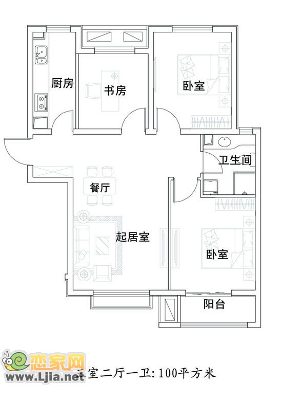三室二廳一衛(wèi) 100平米