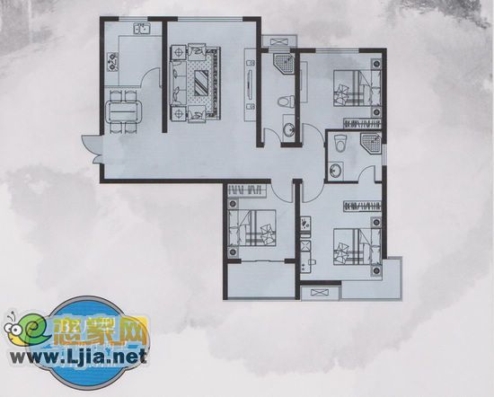 B2戶型 三室二廳二衛(wèi) 約121.37平米