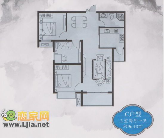 C戶型 三室二廳一衛(wèi) 約96.13平米