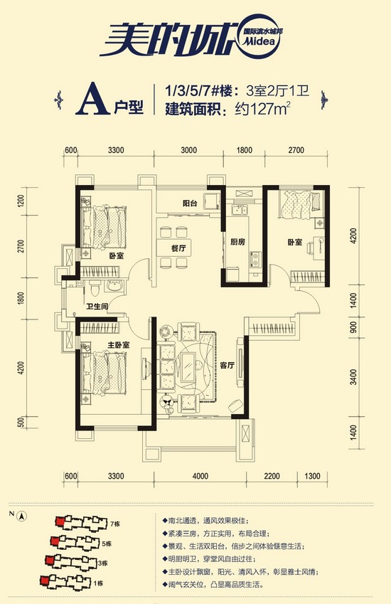 美的城A戶型 3室2廳1衛(wèi) 建筑面積約127㎡