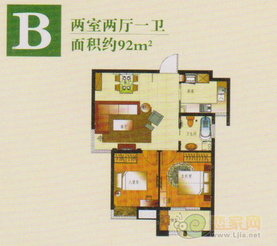 B戶型 二室二廳一衛(wèi) 面積約92平米