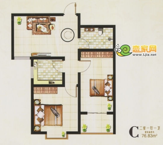 玉如意二室一廳一衛(wèi) 建筑面積：76.83平米