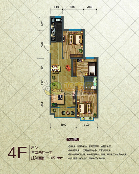4F戶型 三室二廳一衛(wèi) 105.28平米