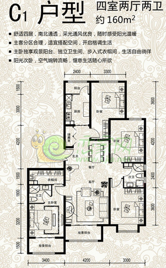 C1戶(hù)型 四室兩廳兩衛(wèi) 約160平米