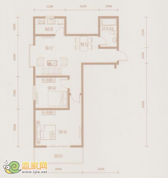 漢成華都A2戶型 兩室兩廳一衛(wèi)