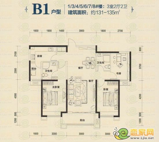 B1戶型 3室2廳2衛(wèi) 建筑面積約131-135