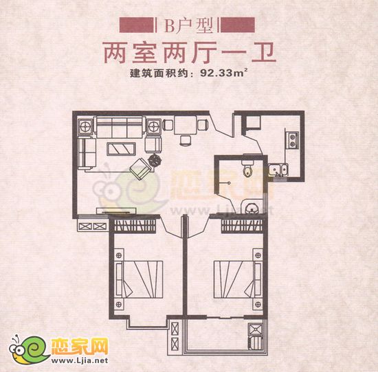 B戶型 兩室兩廳一衛(wèi) 92.33平方米