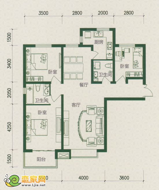 A戶型 三室兩廳兩衛(wèi) 127.52-127.70平米