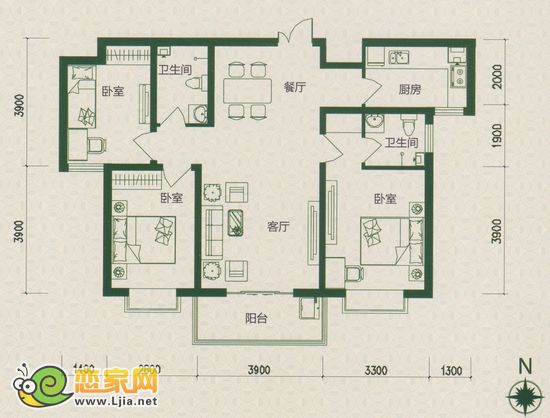 F2戶型 三室兩廳兩衛(wèi) 114.48-116.47平米