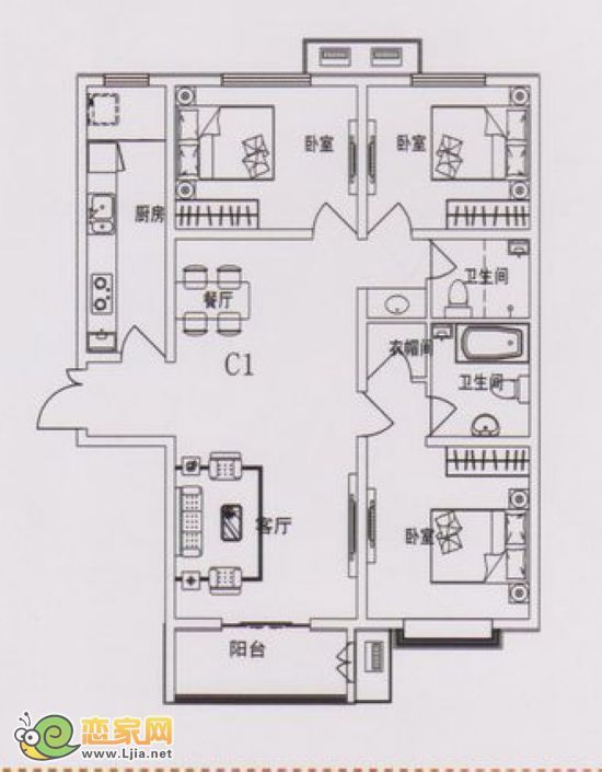 C1戶型 三室兩廳兩衛(wèi) 130平米