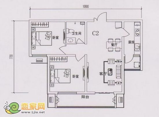 C2戶型 兩室兩廳一衛(wèi) 101平米