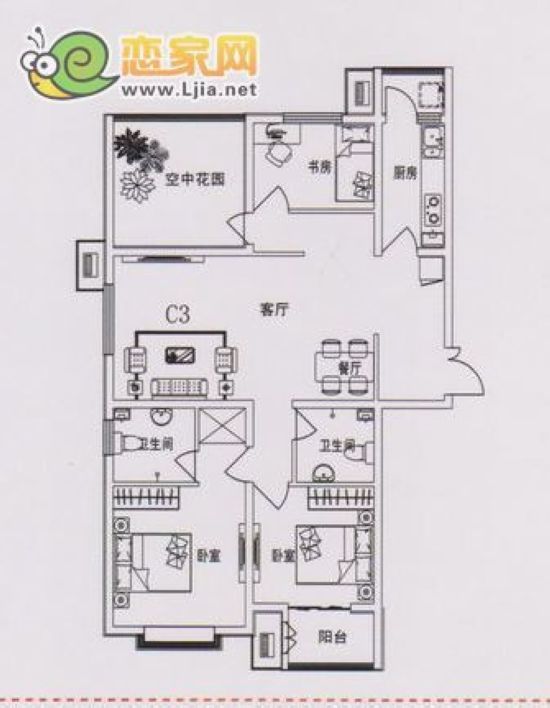 C3戶型 三室兩廳兩衛(wèi) 135平米