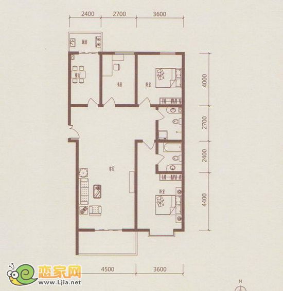 2號樓H戶型 三室兩廳兩衛(wèi) 144.79平米
