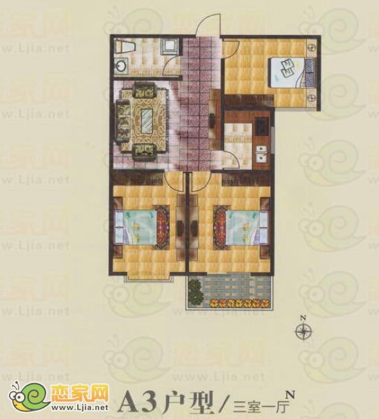 A3戶型 三室一廳 98平米