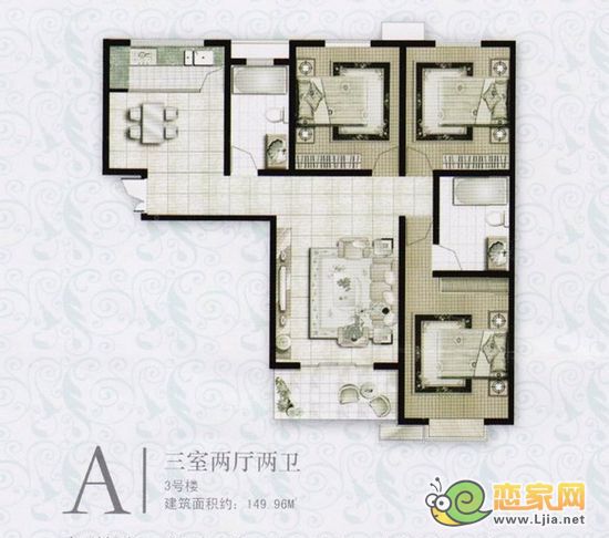 A戶型 三室二廳二衛(wèi) 149.96平米