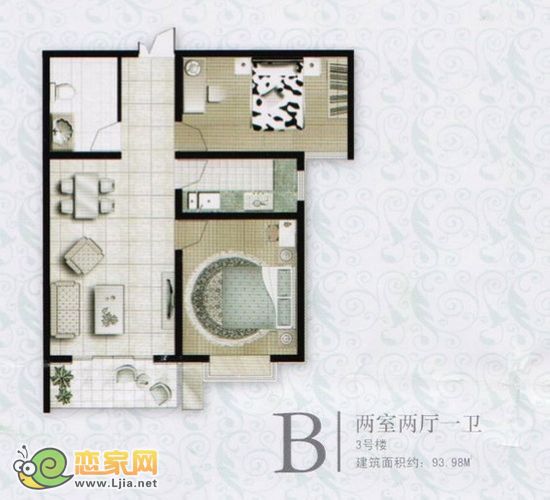 B戶型 二室二廳一衛(wèi) 93.98平米