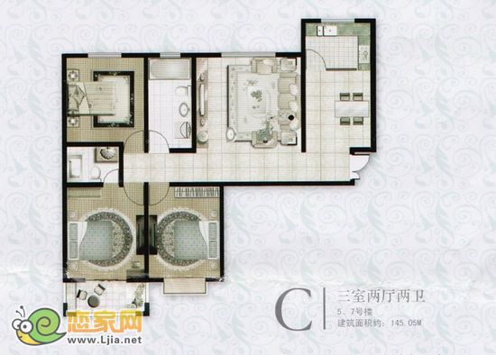C戶型 三室二廳二衛(wèi) 145.05平米