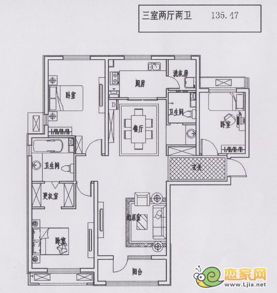 2# 一單元01戶型 二單元04戶型 三室二廳二衛(wèi) 135.47平米