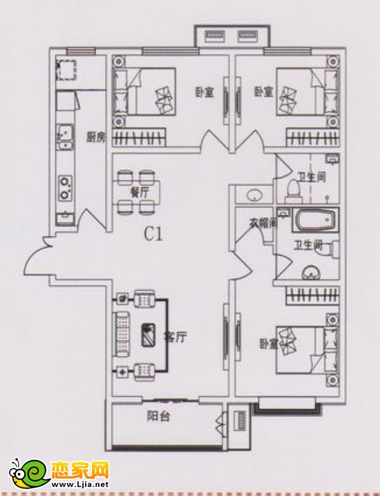 現(xiàn)代奧城C1戶型 三室二廳二衛(wèi) 130平米