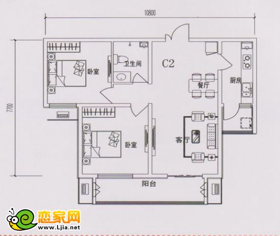 現(xiàn)代奧城C2戶型 二室二廳一衛(wèi) 101平米