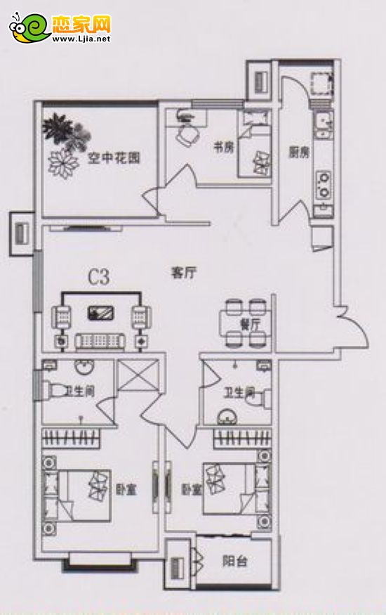 現(xiàn)代奧城C3戶型 三室二廳二衛(wèi) 135平米