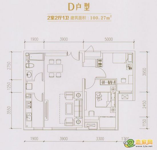 D戶型 二室二廳一衛(wèi) 100.27平米
