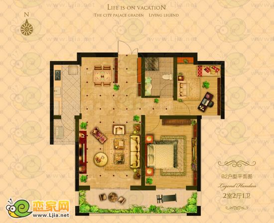 月亮灣B2戶型，二室二廳一衛(wèi)