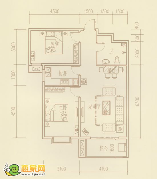 毛坯房戶型 A2戶型 二室二廳一衛(wèi) 97.59平米