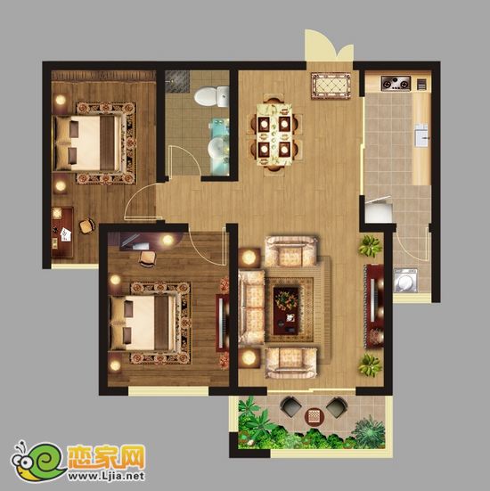 月亮灣 1號(hào)樓 B-1戶型 二室二廳一衛(wèi)