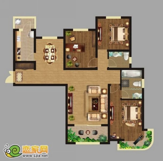 月亮灣 1號樓 A戶型 三室二廳二衛(wèi)