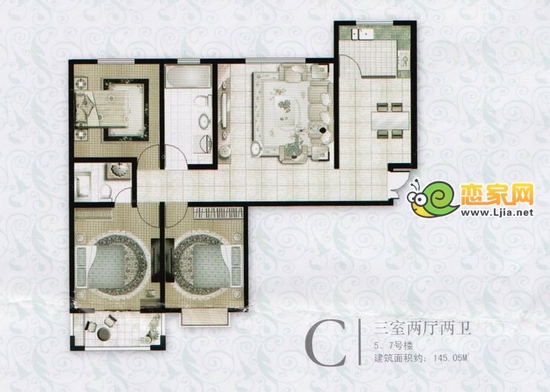 萬(wàn)浩儷城C戶型 三室二廳二衛(wèi) 145.05平米