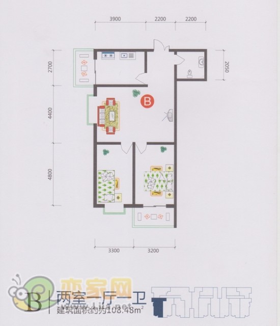 北海莊園B戶型 二室一廳一衛(wèi) 108.48平米