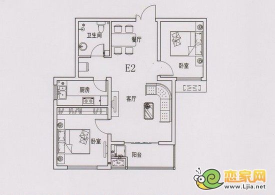 現(xiàn)代頤和苑項目1#樓 二室二廳一衛(wèi) 86平米