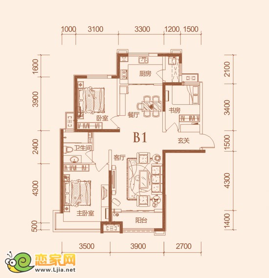 美的城二期B1戶型 三室二廳一衛(wèi) 124.18平米
