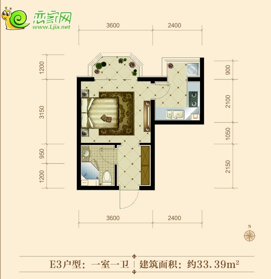 御景江山陳E3戶型 一室一衛(wèi) 33.39平米
