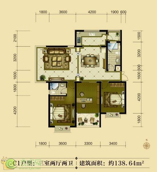 聯(lián)邦·御景江山C1戶型 三室兩廳兩衛(wèi) 138.64平米