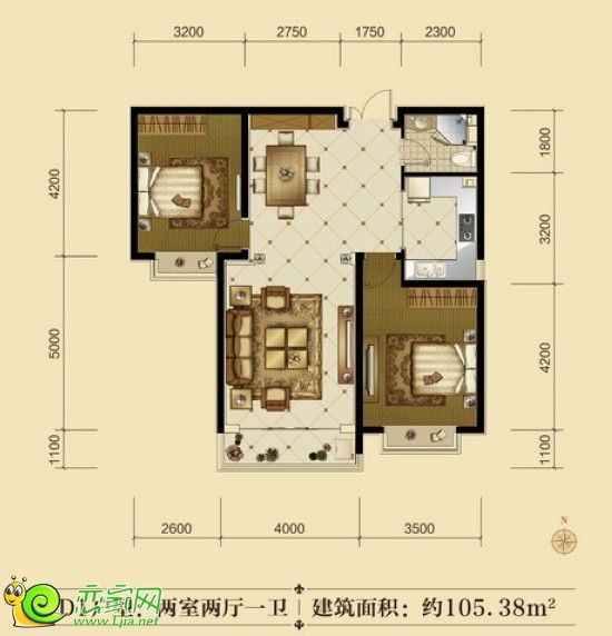 聯(lián)邦·御景江山精致兩室戶型 約105.38平米
