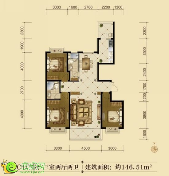 C4戶型 三室二廳二衛(wèi) 約146.51平米
