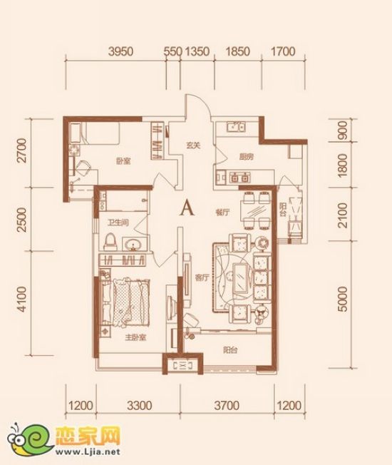 美的城A戶型室兩廳一衛(wèi)，94.84平米