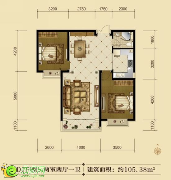 D1戶型 兩室兩廳一衛(wèi) 105.38平米