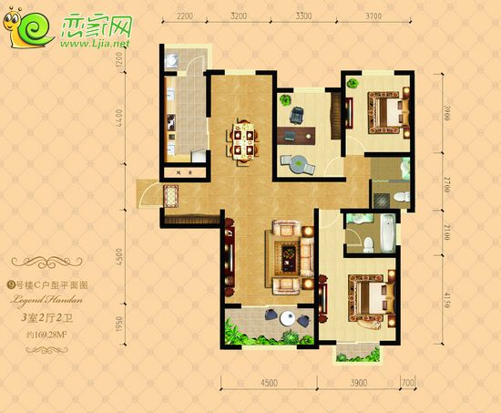 月亮灣9號(hào)樓C戶型 三室兩廳兩衛(wèi) 169.28平米