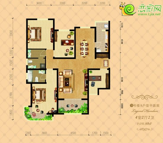 月亮灣9號樓A戶型 四室兩廳兩衛(wèi) 191.89平米