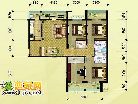金世紀(jì)新城戶型     三室兩廳兩衛(wèi)    面積約為： 170㎡