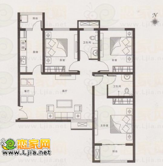 E戶型  建筑面積約為：124.16平米  三室兩廳兩衛(wèi)