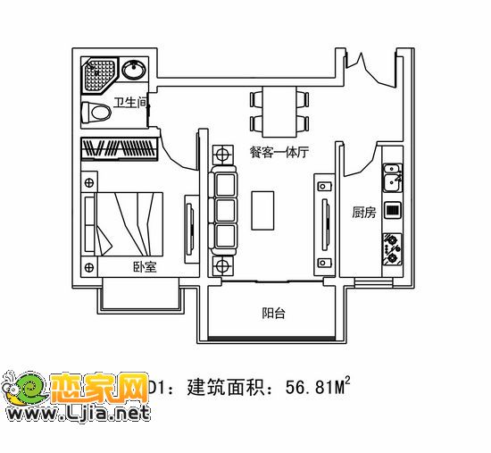 錦繡江南D1戶型  建筑面積約為：56.81㎡