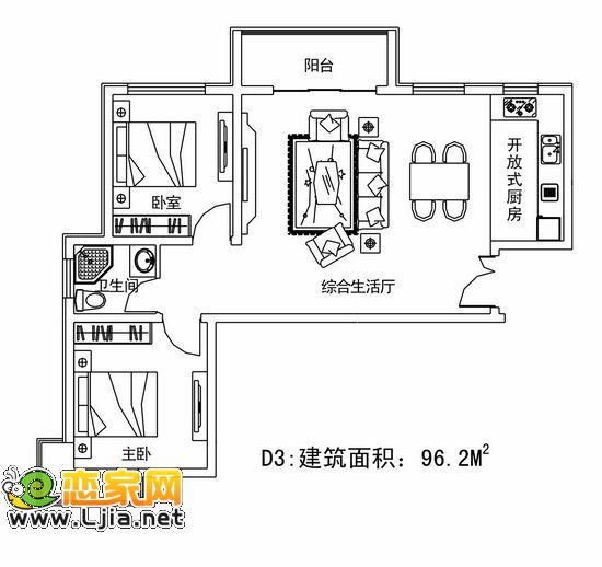 錦繡江南D3戶型  建筑面積約為：96.2㎡