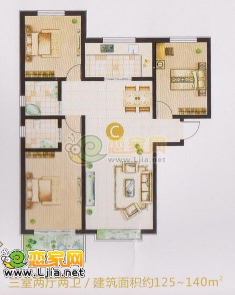 水岸春天戶型 建筑面積約為：125—140平方米 南北通透