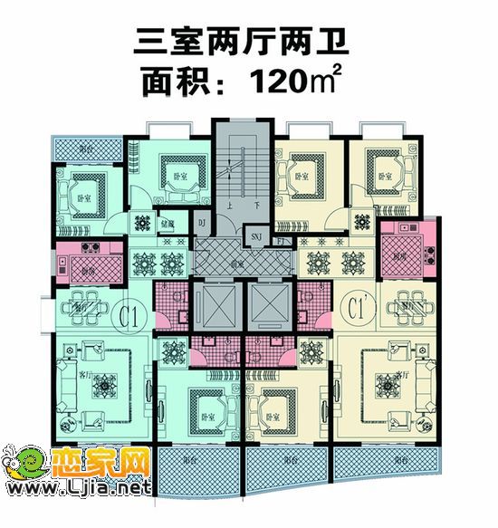 良友錦園戶型 三室兩廳兩衛(wèi) 建筑面積約為：120㎡