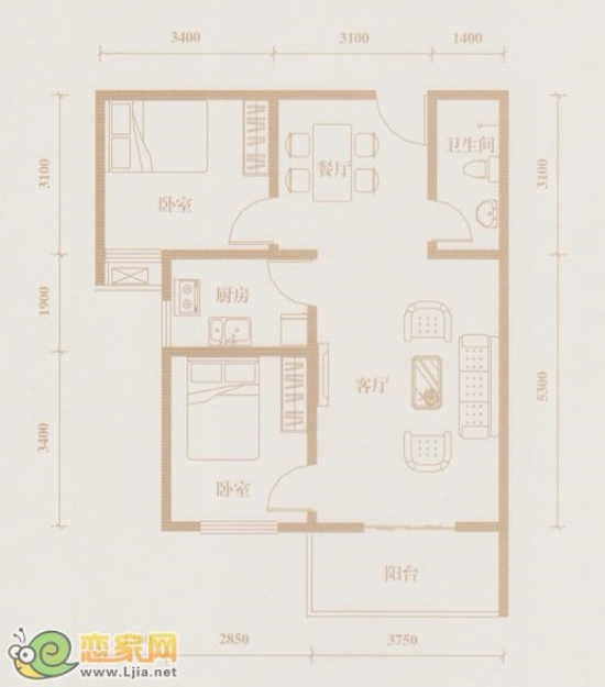 漢成華都項(xiàng)目的83平米兩室兩廳一衛(wèi)的戶型