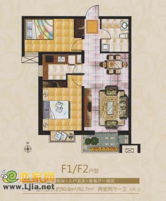 鴻基花苑91平米兩室兩廳一衛(wèi)戶型圖